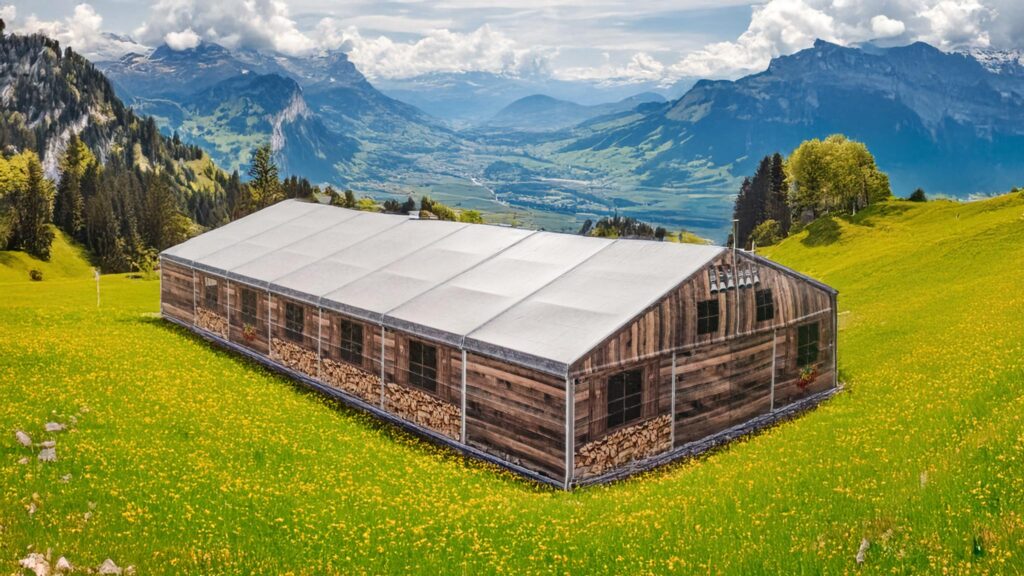 WILLISAU/LU, 18. NOVEMBER 2024 - HUNZIKER WILLISAU: CHALETZELT: Neues Zelt im Chaletstil, fotografiert auf dem Parkplatz der Festhalle Willisau. Hunziker AG Willisau.
ths/Photo by: THOMI STUDHALTER / HUNZIKER